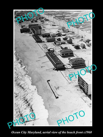 OLD LARGE HISTORIC PHOTO OF OCEAN CITY MARYLAND, AERIAL VIEW OF BEACH FRONT 1960