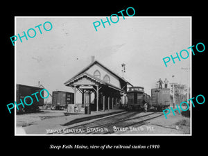 OLD LARGE HISTORIC PHOTO OF STEEP FALLS MAINE, THE RAILROAD DEPOT STATION c1910