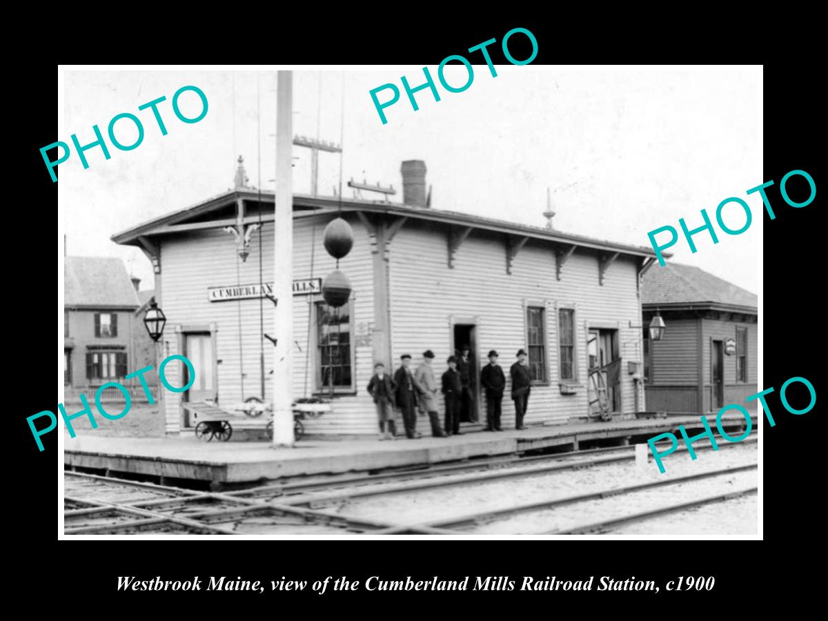 OLD LARGE HISTORIC PHOTO OF WESTBROOK MAINE CUMBERLAND MILLS RAILROAD DEPOT 1900