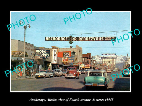 OLD LARGE HISTORIC PHOTO OF ANCHORAGE ALASKA, VIEW OF 4th AVE & STORES c1955