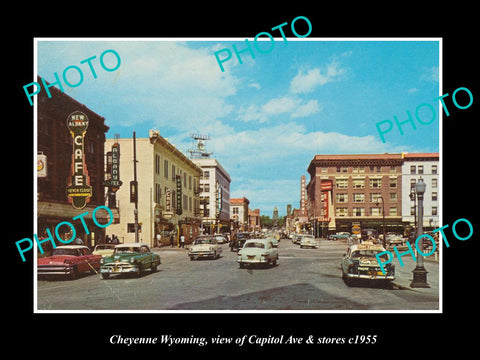 OLD LARGE HISTORIC PHOTO OF CHEYENNE WYOMING, THE MAIN STREET & STORES c1955