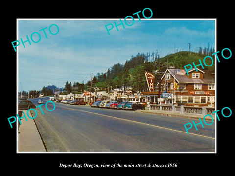 OLD LARGE HISTORIC PHOTO OF DEPOE BAY OREGON, THE MAIN STREET & STORES c1950