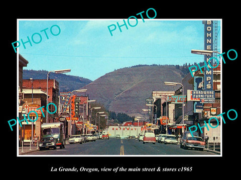 OLD LARGE HISTORIC PHOTO OF LA GRANDE OREGON, THE MAIN STREET & STORES c1965