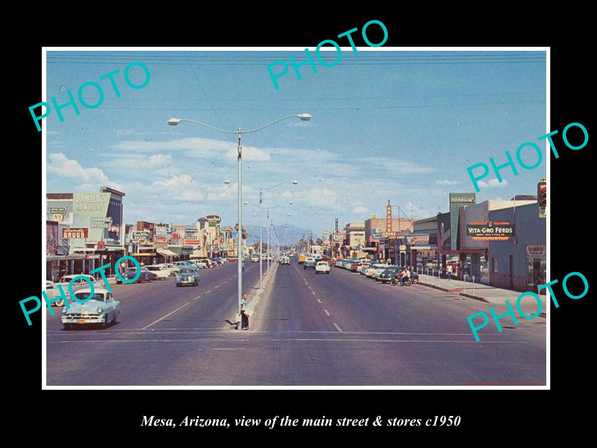 OLD LARGE HISTORIC PHOTO OF MESA ARIZONA, THE MAIN STREET & STORES c1950