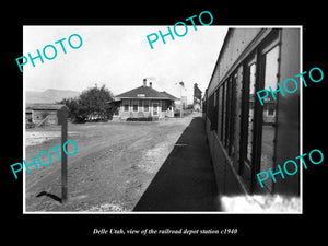 OLD LARGE HISTORIC PHOTO OF DELLE UTAH, THE RAILROAD DEPOT STATION c1940