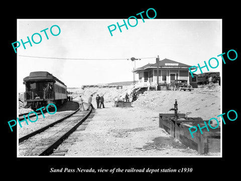 OLD LARGE HISTORIC PHOTO OF SAND PASS NEVADA, THE RAILROAD DEPOT STATION c1930