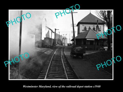 OLD LARGE HISTORIC PHOTO OF WESTMINSTER MARYLAND RAILROAD DEPOT STATION c1940