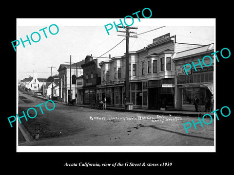 OLD LARGE HISTORIC PHOTO OF ARCATA CALIFORNIA, VIEW OF G STREET & STORES c1930