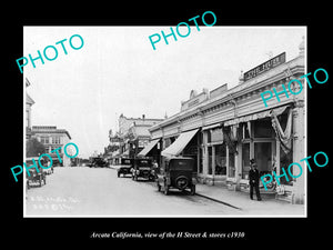 OLD LARGE HISTORIC PHOTO OF ARCATA CALIFORNIA, VIEW OF H STREET & STORES c1930 1