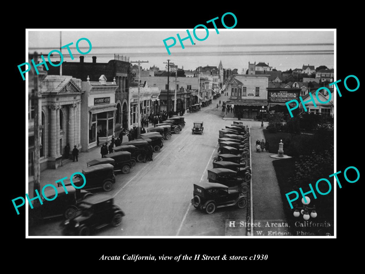 OLD LARGE HISTORIC PHOTO OF ARCATA CALIFORNIA, VIEW OF H STREET & STORES c1930 2