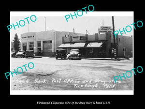 OLD LARGE HISTORIC PHOTO OF FIREBAUGH CALIFORNIA, THE DRUG STORE & BANK c1940