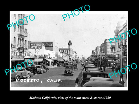 OLD LARGE HISTORIC PHOTO OF MODESTO CALIFORNIA, THE MAIN St & STORES c1930