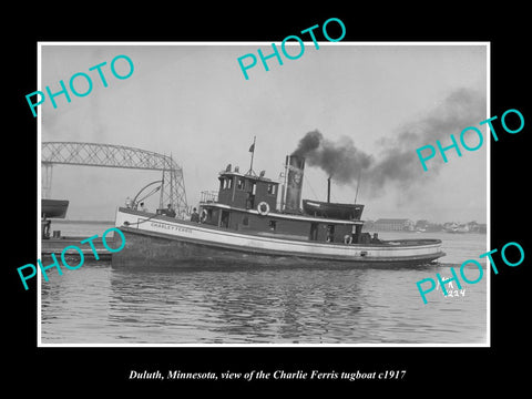 OLD LARGE HISTORIC PHOTO OF DULUTH MINNESOTA, THE TUGBOAT CHARLIE FERRIS c1917