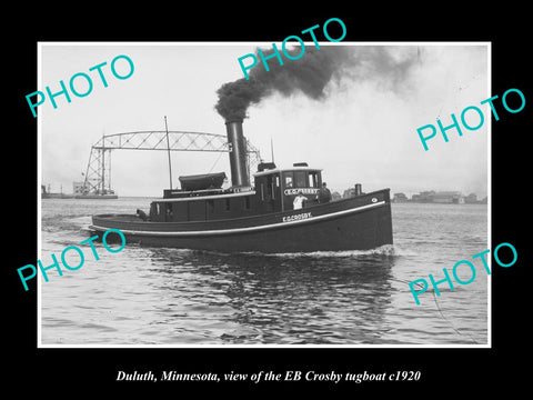 OLD LARGE HISTORIC PHOTO OF DULUTH MINNESOTA, THE TUGBOAT EB CROSBY c1920