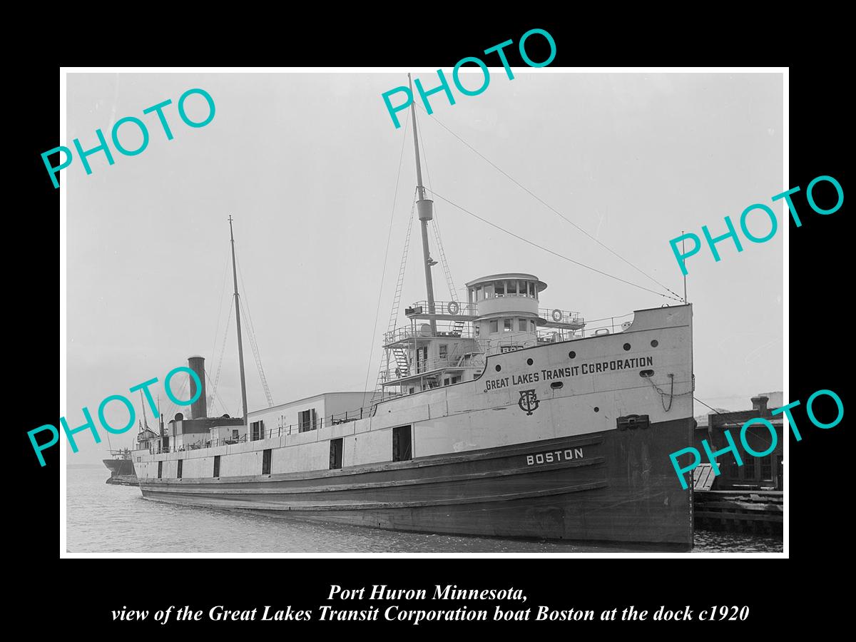 OLD LARGE HISTORIC PHOTO OF PORT HURON MINNESOTA, GREAT LAKES SHIP BOSTON c1920