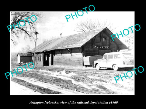 OLD LARGE HISTORIC PHOTO OF ARLINGTON NEBRASKA, THE RAILROAD DEPOT STATION c1960