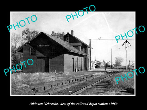 OLD LARGE HISTORIC PHOTO OF ATKINSON NEBRASKA, THE RAILROAD DEPOT STATION c1960