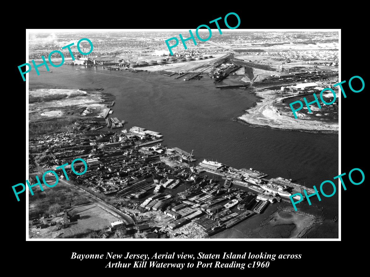 OLD LARGE HISTORIC PHOTO OF BAYONNE NEW JERSEY, AERIAL VIEW OF STATEN IS c1960