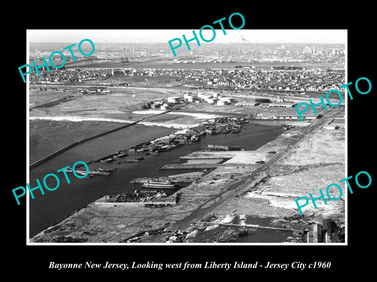 OLD LARGE HISTORIC PHOTO OF BAYONNE NEW JERSEY, AERIAL FROM LIBERTY ISLAND c1960