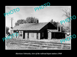 OLD LARGE HISTORIC PHOTO OF HARRISON NEBRASKA, THE RAILROAD DEPOT STATION c1960