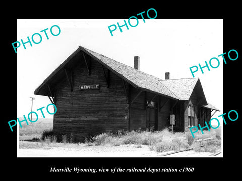 OLD LARGE HISTORIC PHOTO OF MANVILLE WYOMING, THE RAILROAD DEPOT STATION c1960