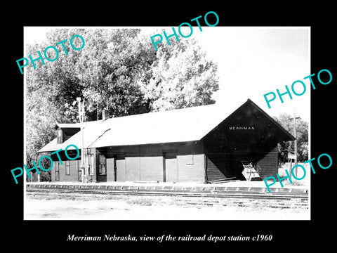 OLD LARGE HISTORIC PHOTO OF MERRIMAN NEBRASKA, THE RAILROAD DEPOT STATION c1960