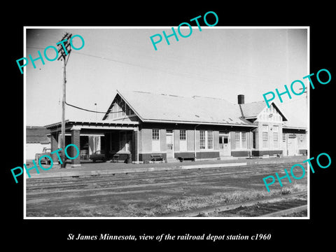 OLD LARGE HISTORIC PHOTO OF ST JAMES MINNESOTA, THE RAILROAD DEPOT STATION c1960