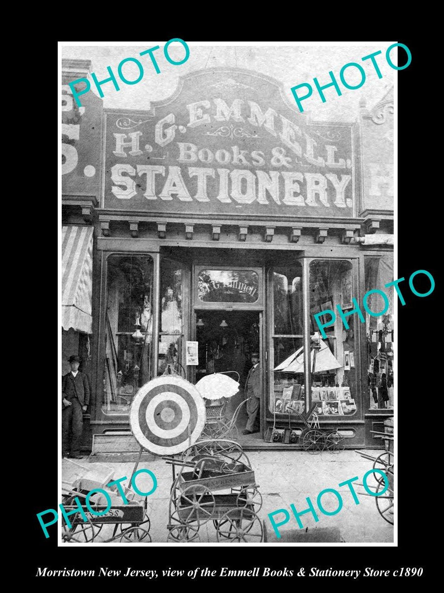 OLD LARGE HISTORIC PHOTO OF MORRISTOWN NEW JERSEY, THE EMMELL BOOK STORE c1890