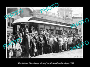 OLD LARGE HISTORIC PHOTO OF MORRISTOWN NEW JERSEY, 1st RAILROAD TROLLEY c1909