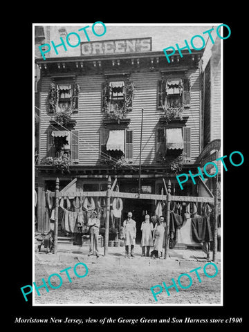 OLD LARGE HISTORIC PHOTO OF MORRISTOWN NEW JERSEY, GREEN HARNESS STORE c1900