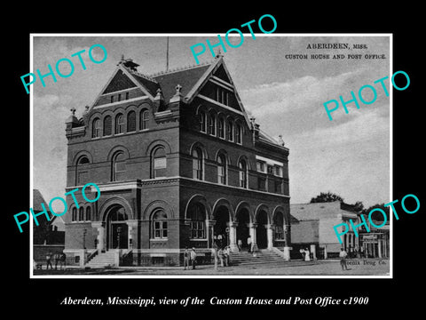 OLD LARGE HISTORIC PHOTO OF ABERDEEN MISSISSIPPI, THE CUSTOM HOUSE & PO c 1900