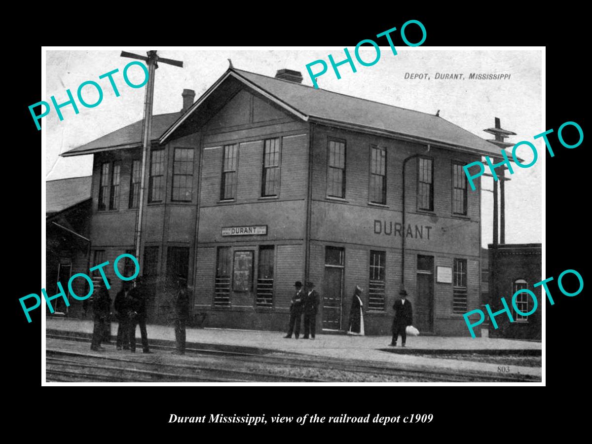 OLD LARGE HISTORIC PHOTO OF DURANT MISSISSIPPI, THE RAILROAD DEPOT STATION c1909