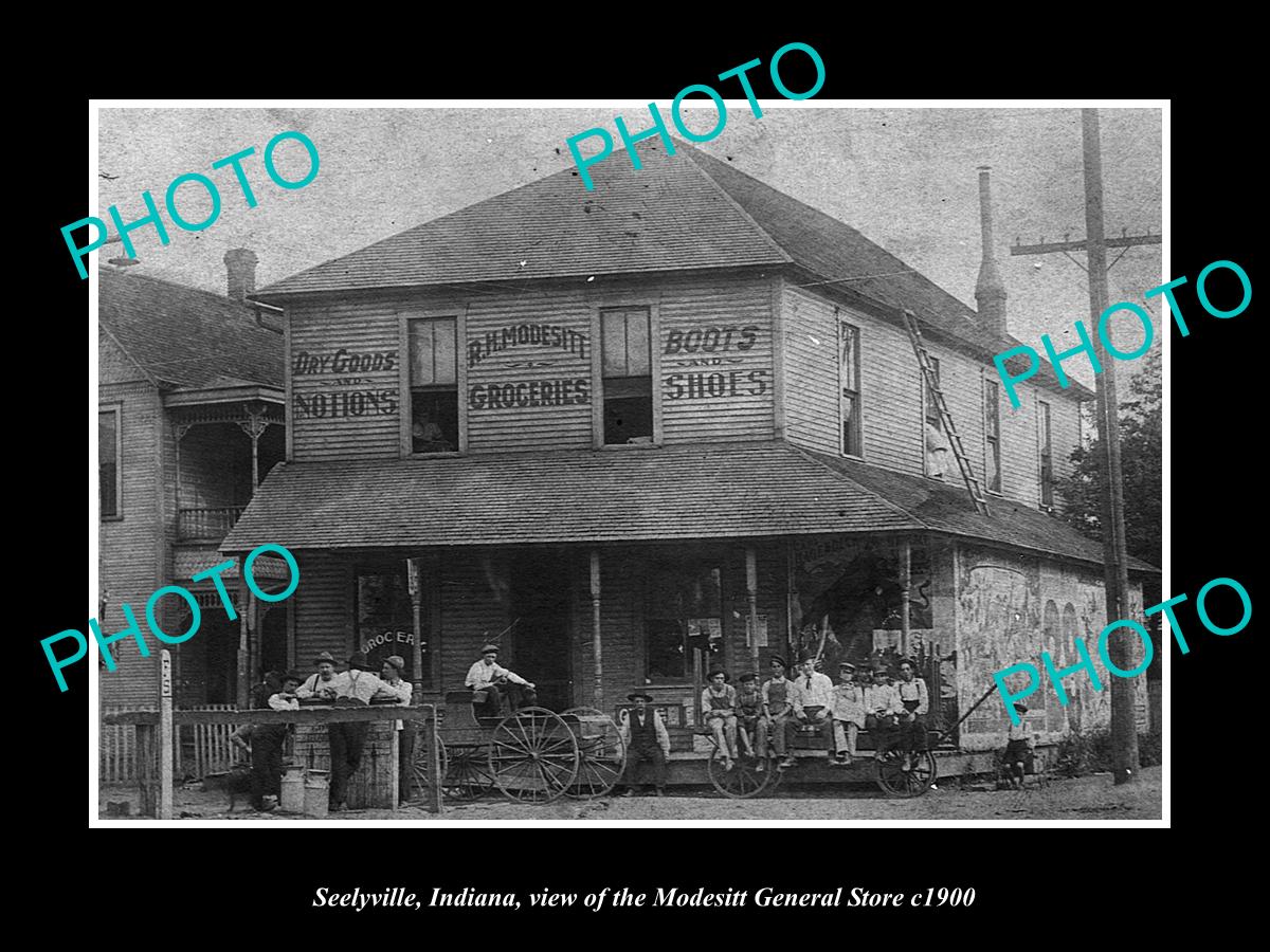 OLD LARGE HISTORIC PHOTO OF SEELYVILLE INDIANA, THE MODESITT GROCERY STORE c1900