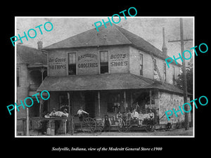 OLD LARGE HISTORIC PHOTO OF SEELYVILLE INDIANA, THE MODESITT GROCERY STORE c1900