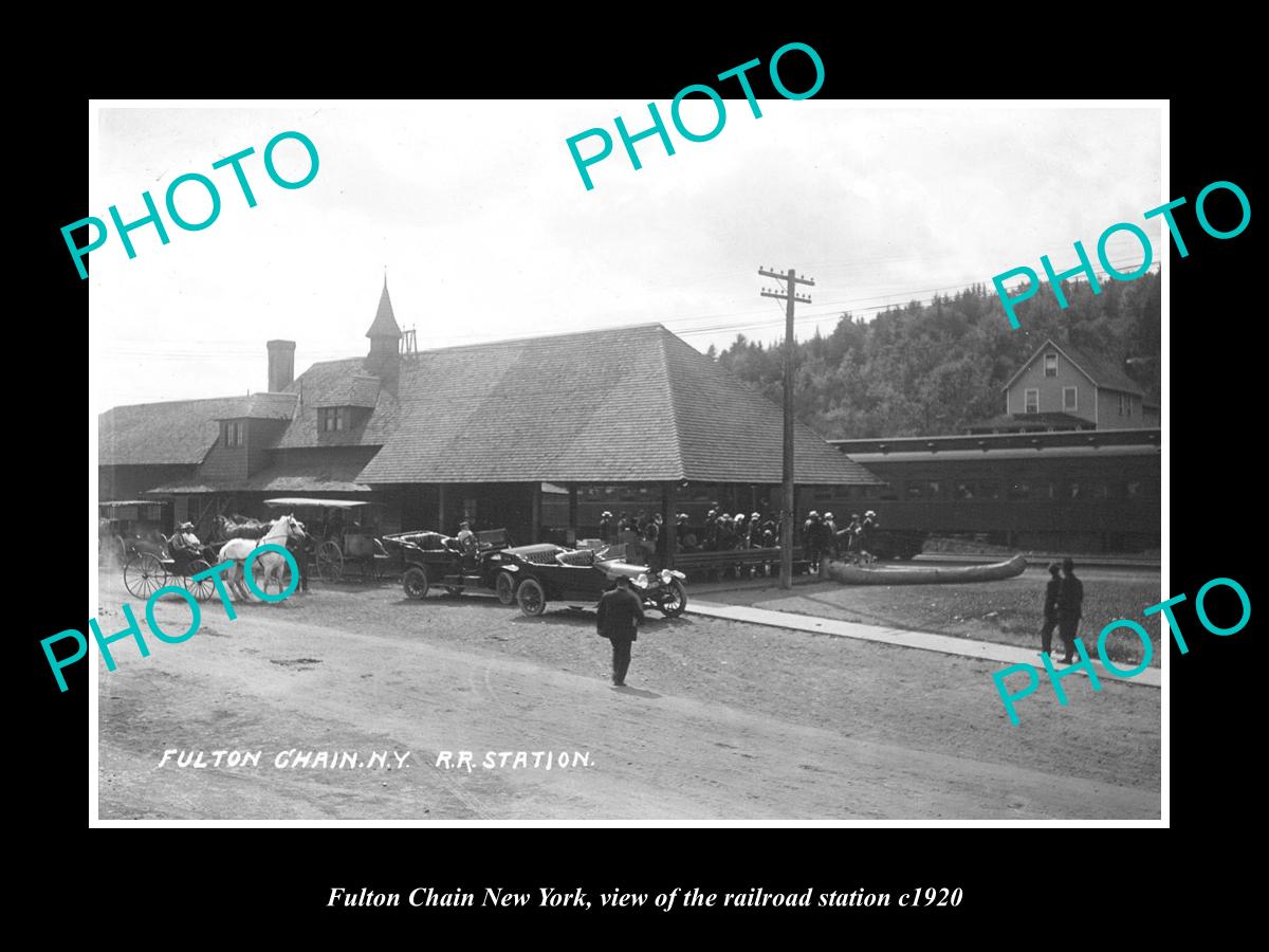 OLD LARGE HISTORIC PHOTO OF FULTON CHAIN NEW YORK, THE RAILROAD STATION c1920