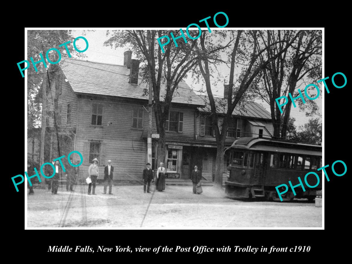 OLD LARGE HISTORIC PHOTO OF MIDDLE FALLS NEW YORK, THE PO & TROLLEY c1910