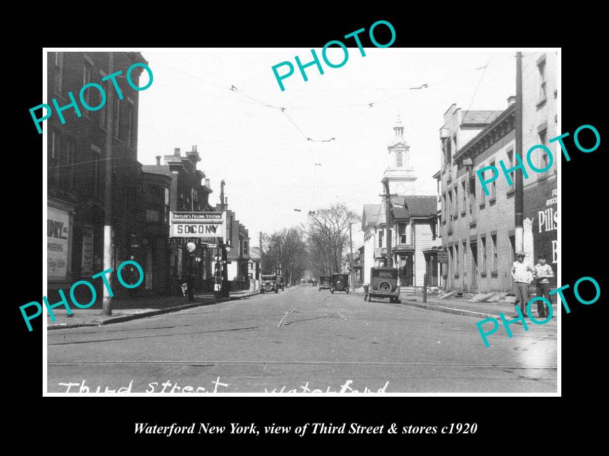 OLD LARGE HISTORIC PHOTO OF WATERFORD NEW YORK, VIEW OF THIRD St & STORES c1920