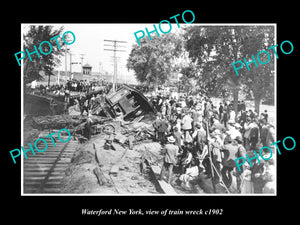 OLD LARGE HISTORIC PHOTO OF WATERFORD NEW YORK, VIEW OF THE TRAIN WRECK c1902