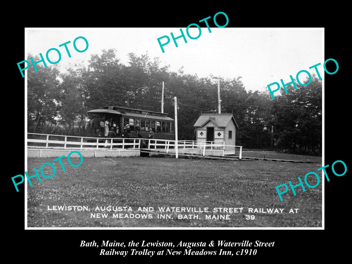 OLD LARGE HISTORIC PHOTO OF BATH MAINE, THE LA&W STREET RAILROAD TROLLEY c1910