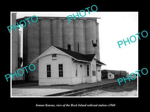 OLD LARGE HISTORIC PHOTO OF INMAN KANSAS, ROCK ISLAND RAILROAD DEPOT c1960