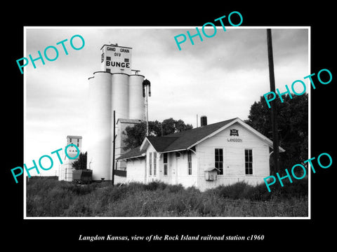 OLD LARGE HISTORIC PHOTO OF LANGDON KANSAS, ROCK ISLAND RAILROAD DEPOT c1960