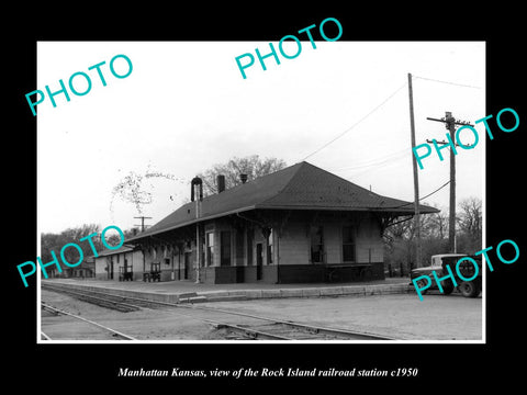 OLD LARGE HISTORIC PHOTO OF MANHATTAN KANSAS, ROCK ISLAND RAILROAD DEPOT c1950