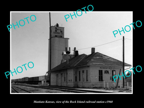 OLD LARGE HISTORIC PHOTO OF MANKATO KANSAS, ROCK ISLAND RAILROAD DEPOT c1960