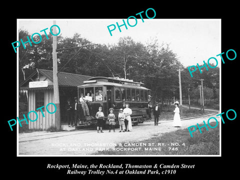 OLD LARGE HISTORIC PHOTO OF ROCKPORT MAINE, THE RT&C RAILROAD TOLLEY AT O/P 1910