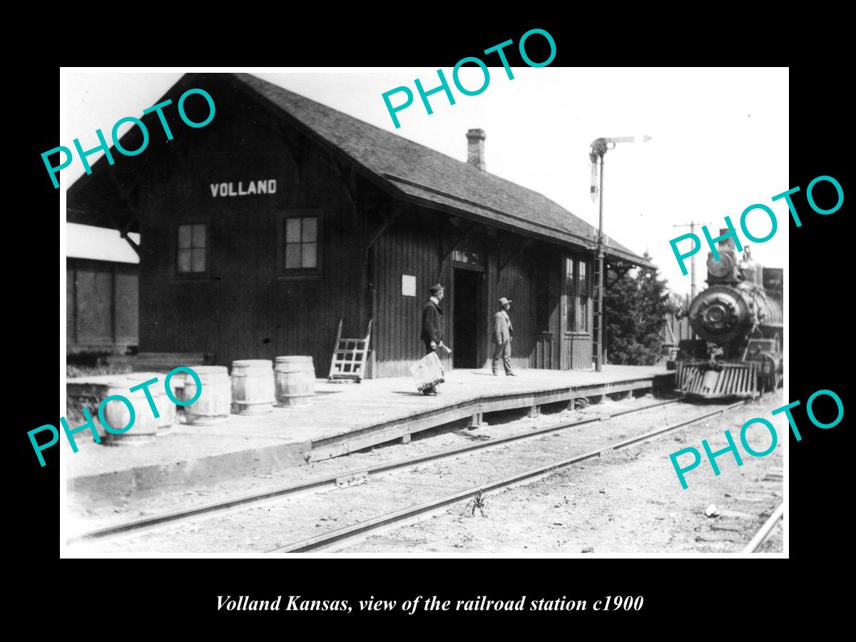 OLD LARGE HISTORIC PHOTO OF VOLLAND KANSAS, THE RAILROAD DEPOT STATION c1900