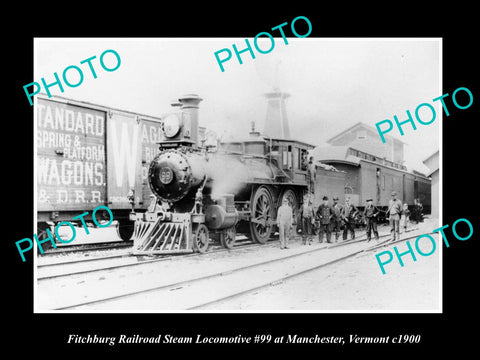 OLD LARGE HISTORIC PHOTO OF MANCHESTER VERMONT, FITCHBURG RAILROAD TRAIN c1900