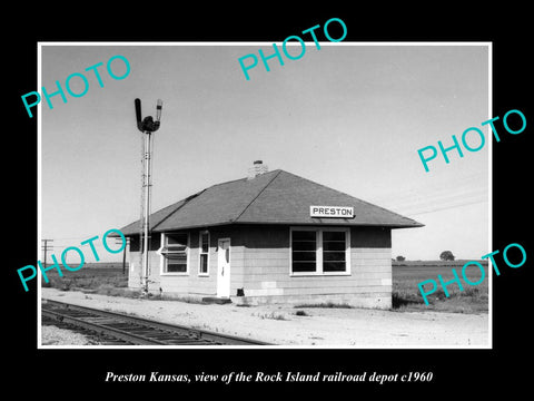 OLD LARGE HISTORIC PHOTO OF PRESTON KANSAS, ROCK ISLAND RAILROAD DEPOT c1960