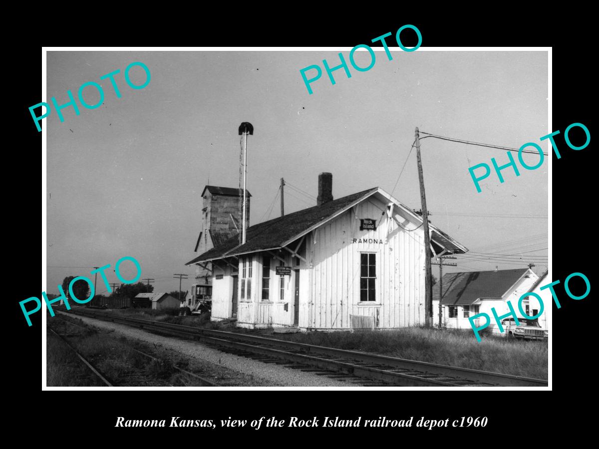 OLD LARGE HISTORIC PHOTO OF RAMONA KANSAS, ROCK ISLAND RAILROAD DEPOT c1960