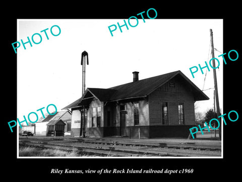 OLD LARGE HISTORIC PHOTO OF RILEY KANSAS, ROCK ISLAND RAILROAD DEPOT c1960