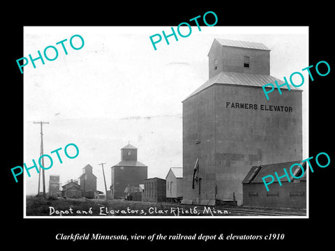 OLD HISTORIC PHOTO OF CLARKFIELD MINNESOTA, THE RAILROAD DEPOT & ELEVATOR c1910